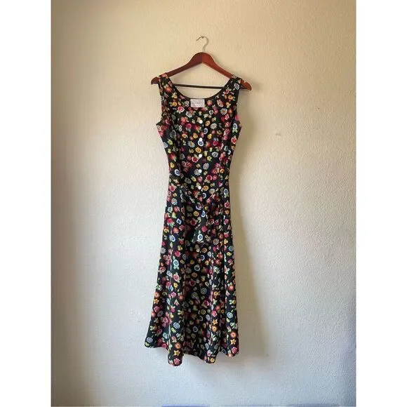 Vintage floral cottagecore bright colorful button front midi dress size medium - Picture 1 of 5
